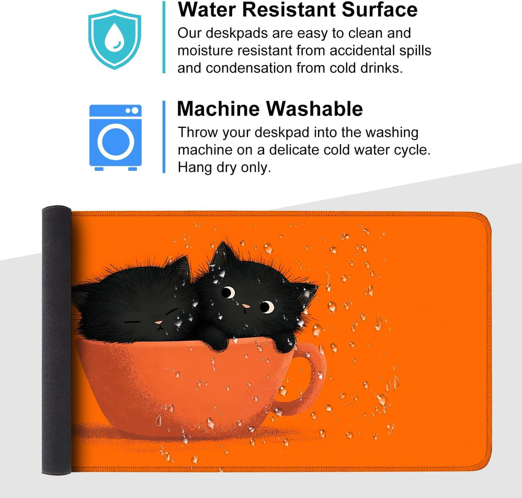 Large Cute Black Cat Mouse Pad, Extended Desk Mat with Non-Slip Base – 35.43 x 15.75 in – Cartoon Kittens in Orange Cup Design, Stitched Edges, Waterproof Gaming Keyboard Pad for Office & Home