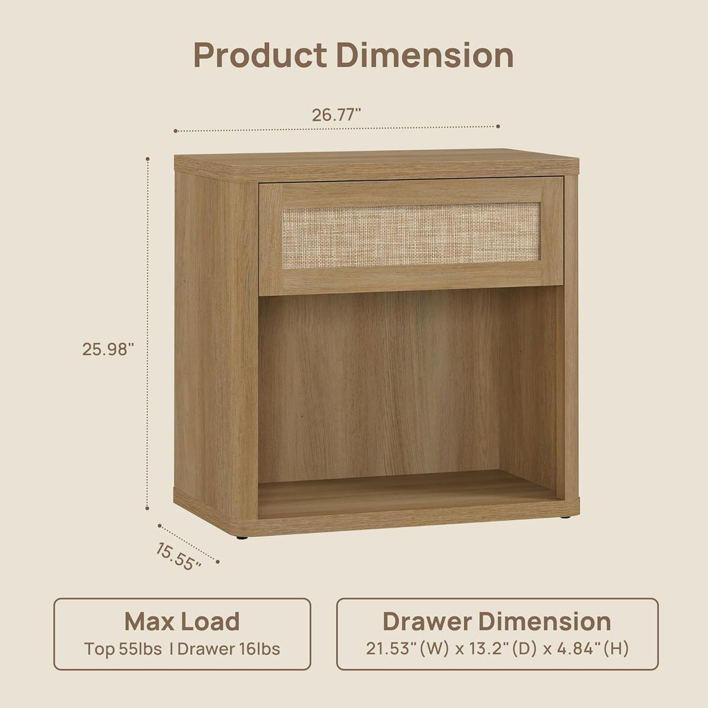SICOTAS Night Stand 26" Wide Large Nightstands with Drawer & Shelf Storage Rattan Bedside Table Boho End Table Tall Bed Side Tables Night Stands for Bedroom Living Room Sofa Office Dorm, Amber Oak