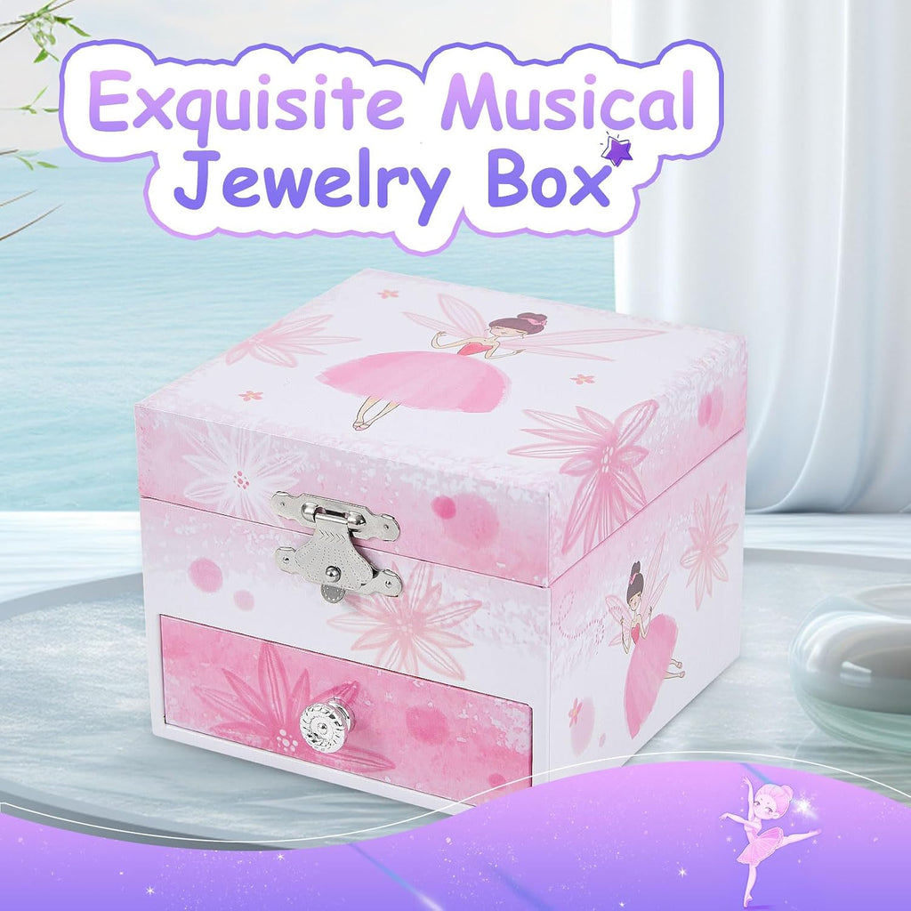 Girls Musical Jewelry Box with Drawer and Spinning Ballerina,Fairy Disign Kids Music Box for Little Girls Gifts Jewel Storage for Kids Ages 3-10