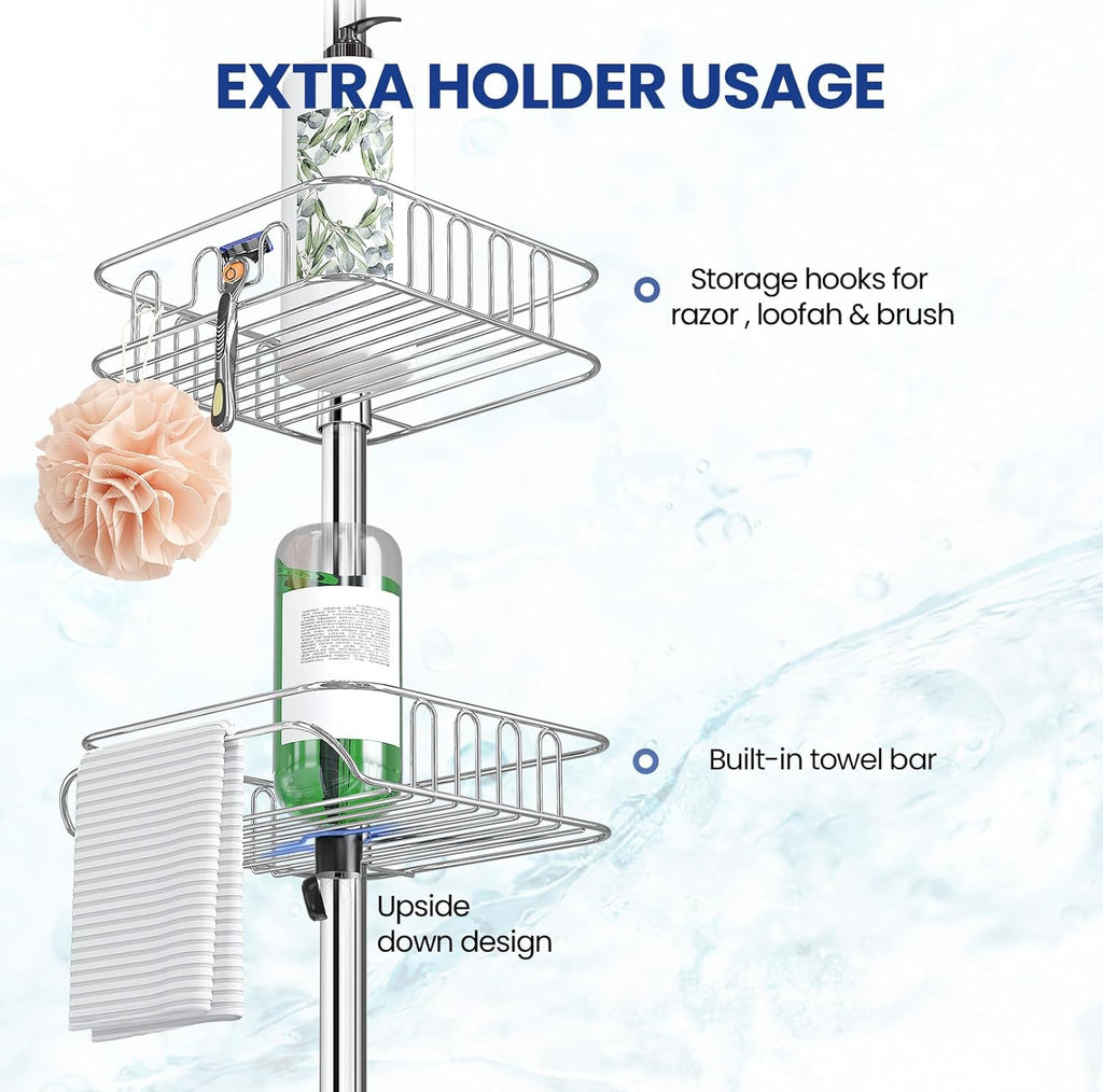 SEIRIONE Rustproof Shower Caddy Corner and Shower Organizer Corner for Bathroom,Corner Shower Caddy Tension Pole with 4 Adjustable Baskets for Shower Accessories, 34 to 116 Inch Height, Silver