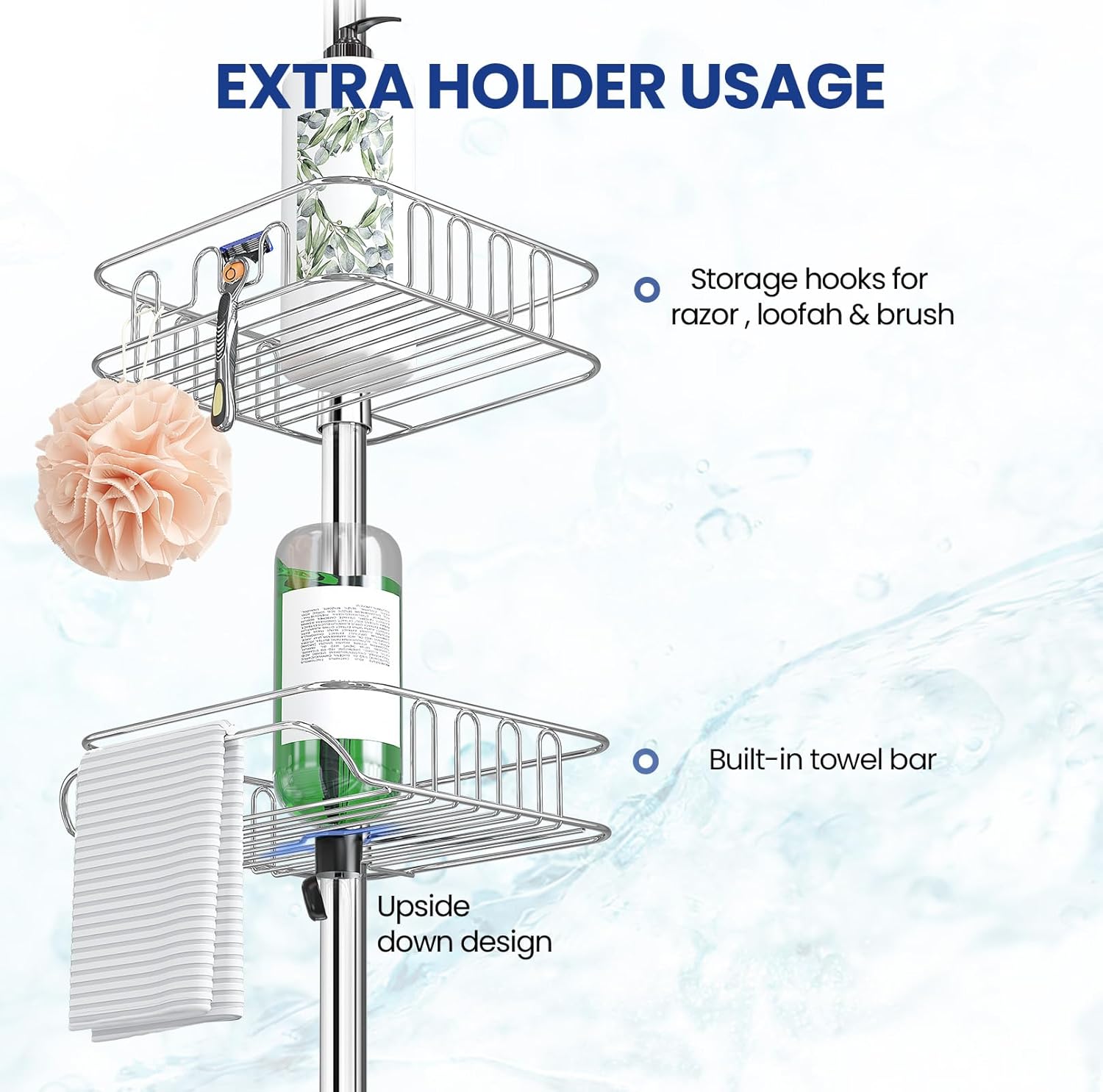 SEIRIONE Rustproof Shower Caddy Corner and Shower Organizer Corner for Bathroom,Corner Shower Caddy Tension Pole with 4 Adjustable Baskets for Shower Accessories, 34 to 116 Inch Height, Silver