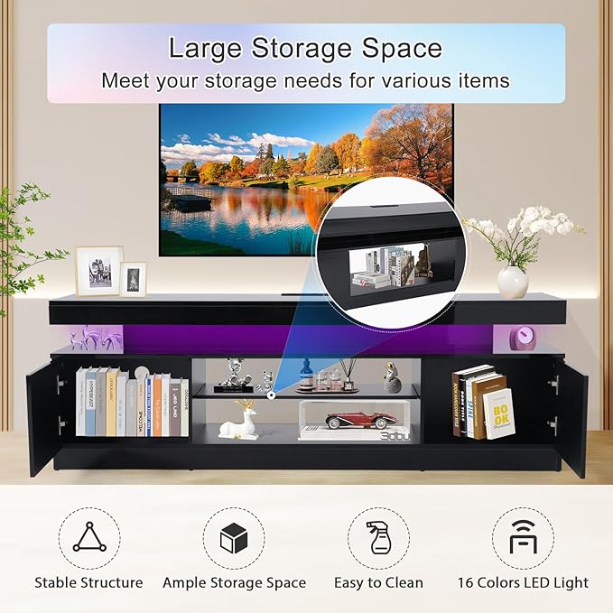 Verano Garden 63" LED TV Stand for 75 Inch TV, High Gloss Entertainment Center with 2 Storage Cabinets and Open Shelf, Modern TV Media Console with Power Outlet & Light for Living Room, Bedroom, Black