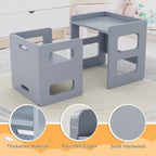 Fun Memories Montessori Weaning Table and Chair Set for Toddler and Baby, Kids Table and Chair Set- Solid Wood Toddler Furniture with Adjustable Height, Step Stool, for 1-3 Year Old Kids - Grey
