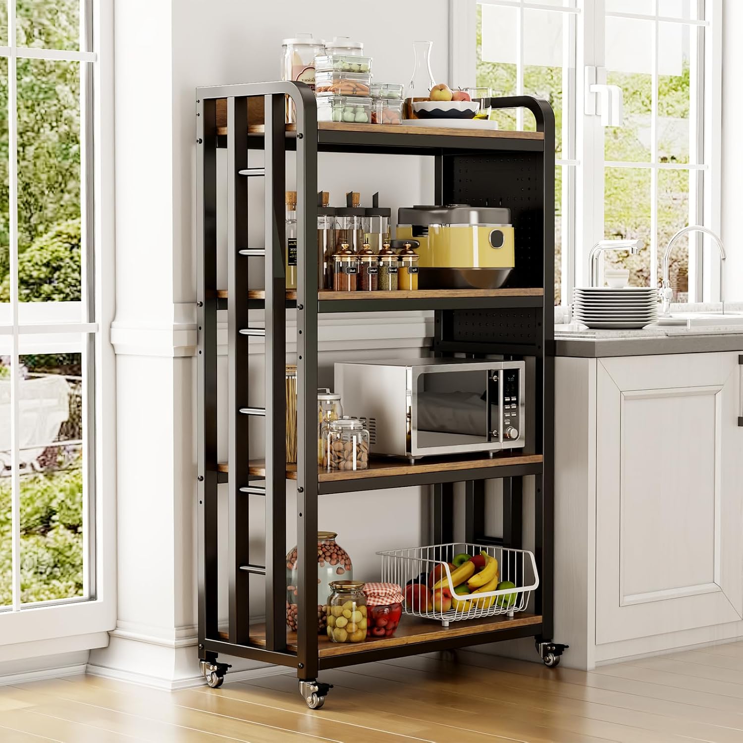 Bakers Rack with Power Outlet,bakers rack with storage,microwave cart | Microwave Oven Stand with Storage 4 Tiers,With pegboard Bakers Racks,bakers rack with storage,for Kitchen,Coffee Bar