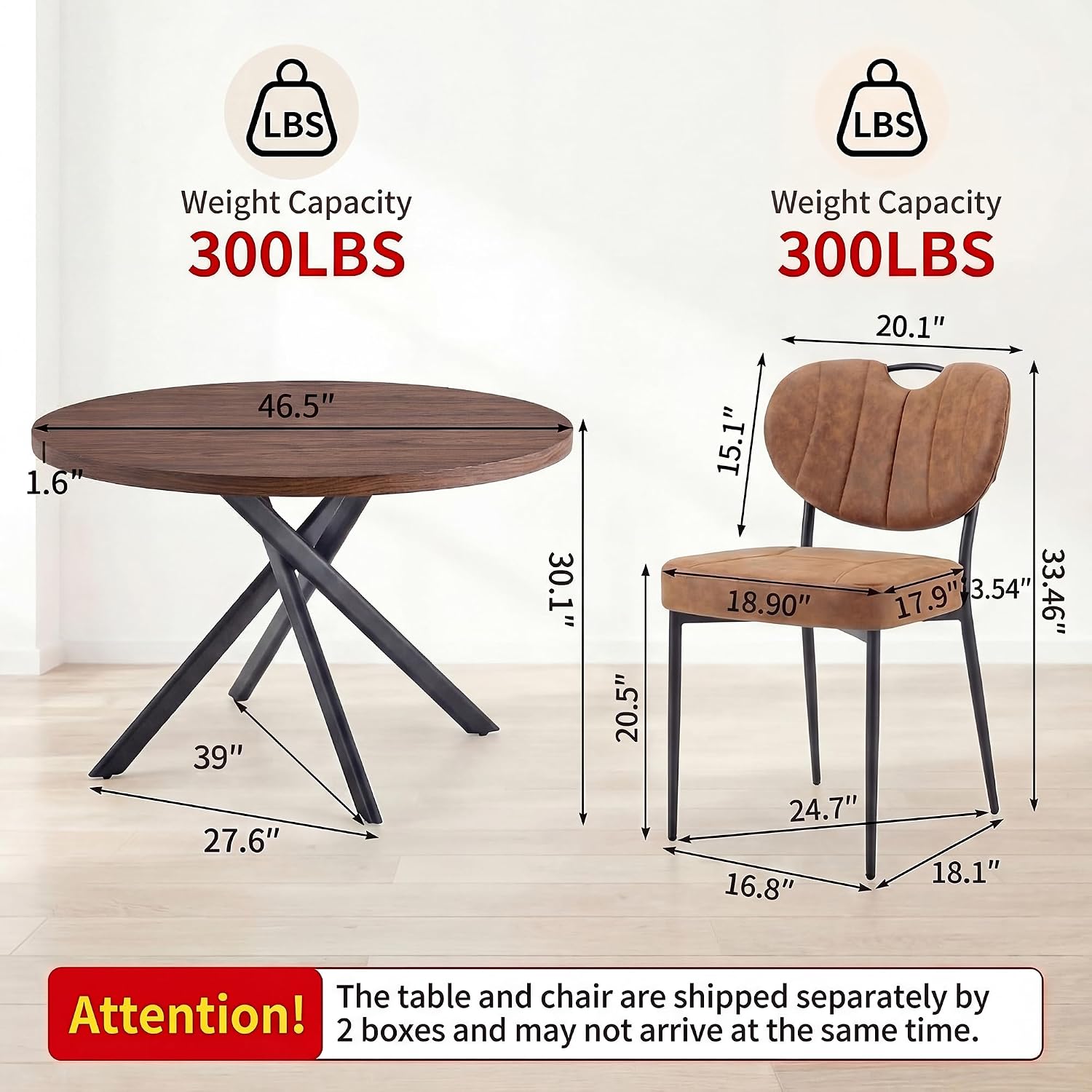 46.4" Round Dining Table Set for 4, Modern Kitchen Table Chairs Set of 4 Wood Dining Table Upholstered Chair with Metal Leg for Dining Room (Brown-2, 46.4" Walnut Table + 4 Chairs)