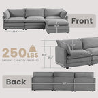 ROWHY 112'' Modular Sectional Cloud Couch with Movable Ottoman, 4 Seat Modern Corduroy Sofa with 2 Throw Pillows, Comfy Deep Seat L Shaped Couches for Living Room Bedroom Apartment, Dark Grey