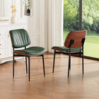 Dining Chairs Set of 2, Mid-Century Modern Upholstered PU Leather Chairs with Walnut Bentwood Back and Metal Legs Adjustable Feet for Kitchen Dining Room, Dark Green Shell Strips