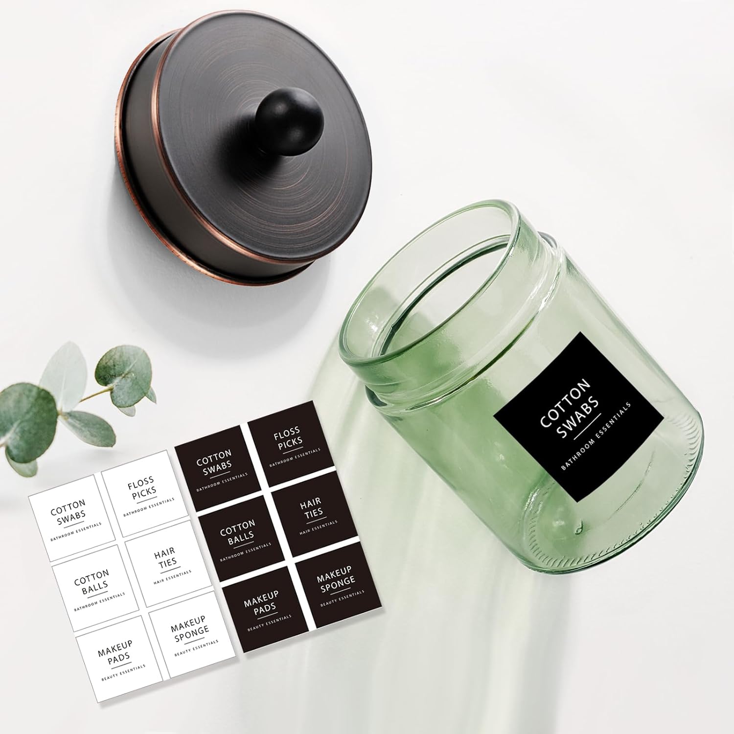 Amolliar Sage Green Apothecary Glass Jar With Metal Lid & Stickers, Bathroom Qtip Holder Storage Canister, Farmhouse Decor for Cotton Balls, Cotton Swabs, Makeup Pads, Bath Salt, Floss, ORB 2 Pack