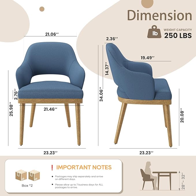 Wooden Dining Chairs Set of 4, Modern Fabric Upholstered Dining Room Chair, Kitchen Side Chairs, Farmhouse Dinner Chair with Open Back for Kitchen, Blue