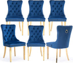 Velvet Upholstered Dining Chairs Set of 6, Modern Style Kitchen Side Chairs with Nailhead Trim and Gold Plated Leg, Metal Pulling Ring for Dining Room Living Room(Blue-Gold Plated Leg)