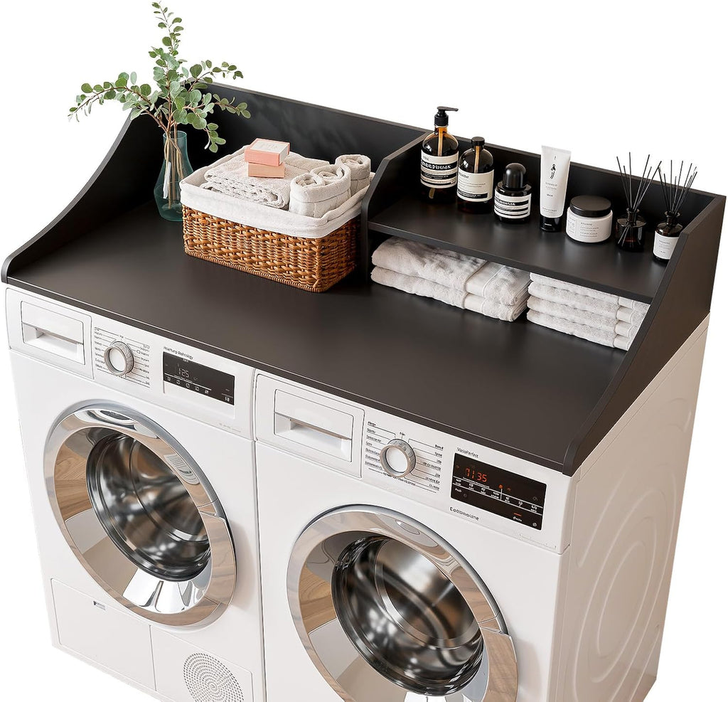 Memobarco 2 Tiers Washer Dryer Countertop, 54" Width x 27.5" Depth Laundry Countertop Organization, Wooden Washer and Dryer Topper for Folding, Sorting & Ironing, Easy to Install, Black