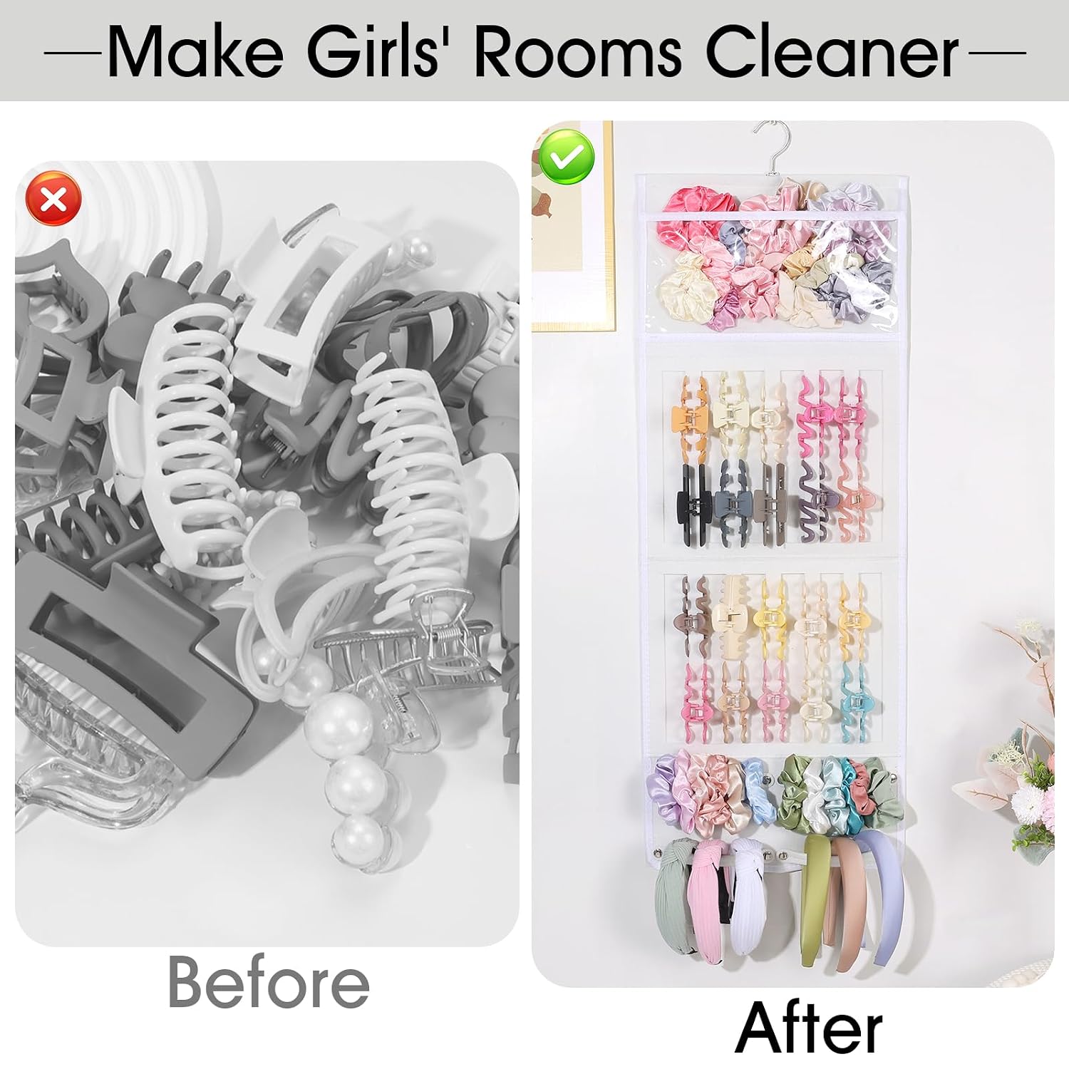 SNOWSTAR Hair Claw Clip Organizer, Large Transparent Bag for Scrunchies Holder and Hair Ties Organizer with Women Girls, Hair Accessorie Hanging Storage Home Decor Wall, Door