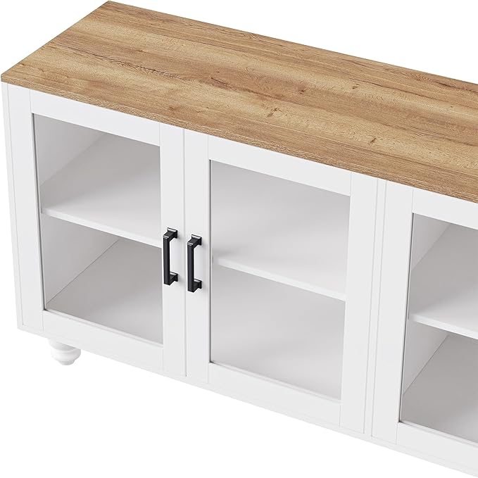 Ball & Cast Farmhouse TV Stand with Tempered Glass Doors for TVs up to 70",Sideboard Buffet w/5 Solid Wood Gourd-Shaped Legs & Adjustable Shelf,Entertainment Center for Living Room,White+Natural