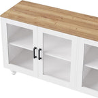Farmhouse TV Stand with Tempered Glass Doors for TVs up to 70'', Entertainment Center with Adjustable Shelves, Buffet Cabinet with 5 Solid Wood Gourd-Shaped Legs for Living Room, White
