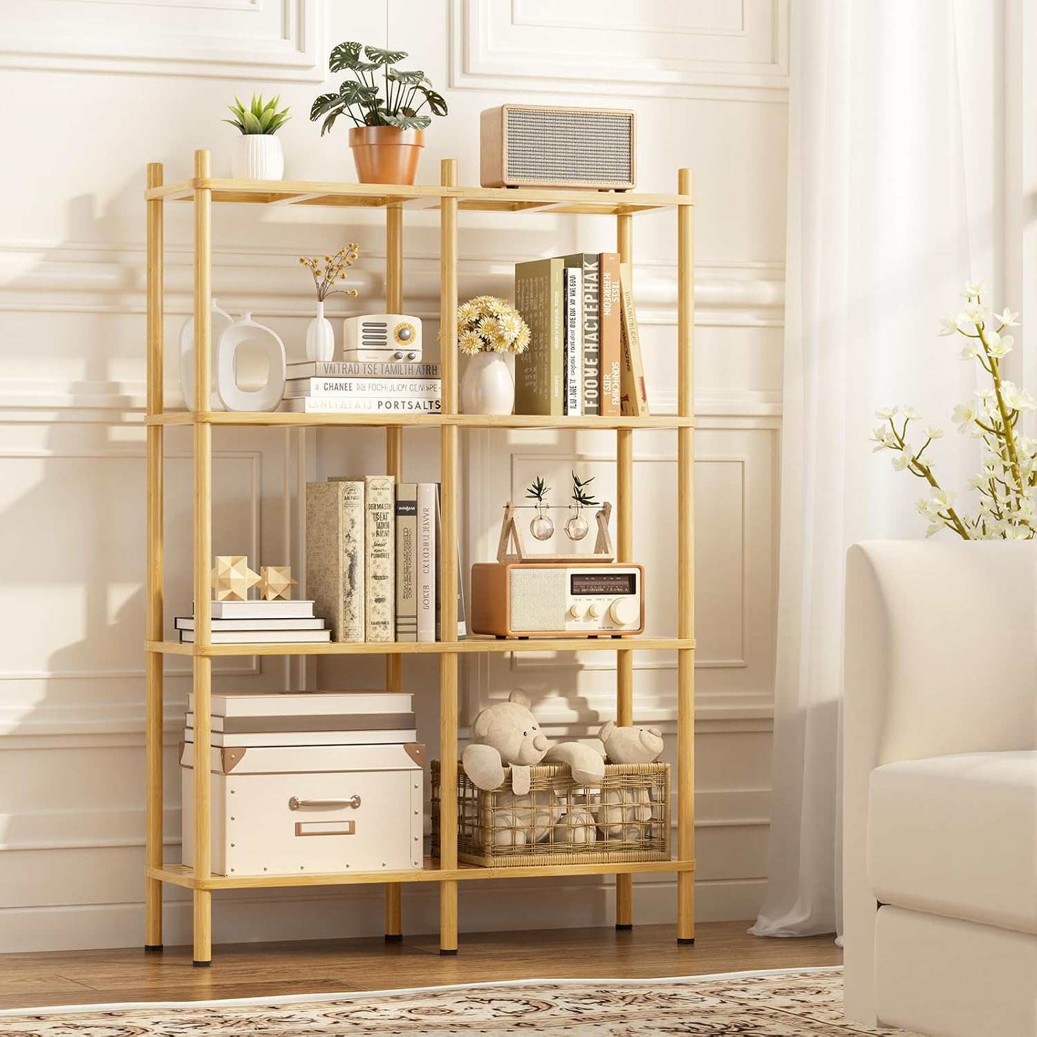 Book Shelf, 4 Tier Bamboo Bookshelf, Tall Bookcase with 8 Open Display Shelves Storage Organizer, Adjustable Bookshelves Standing Shelf Units for Bedroom, Living Room, Bathroom, Home Office
