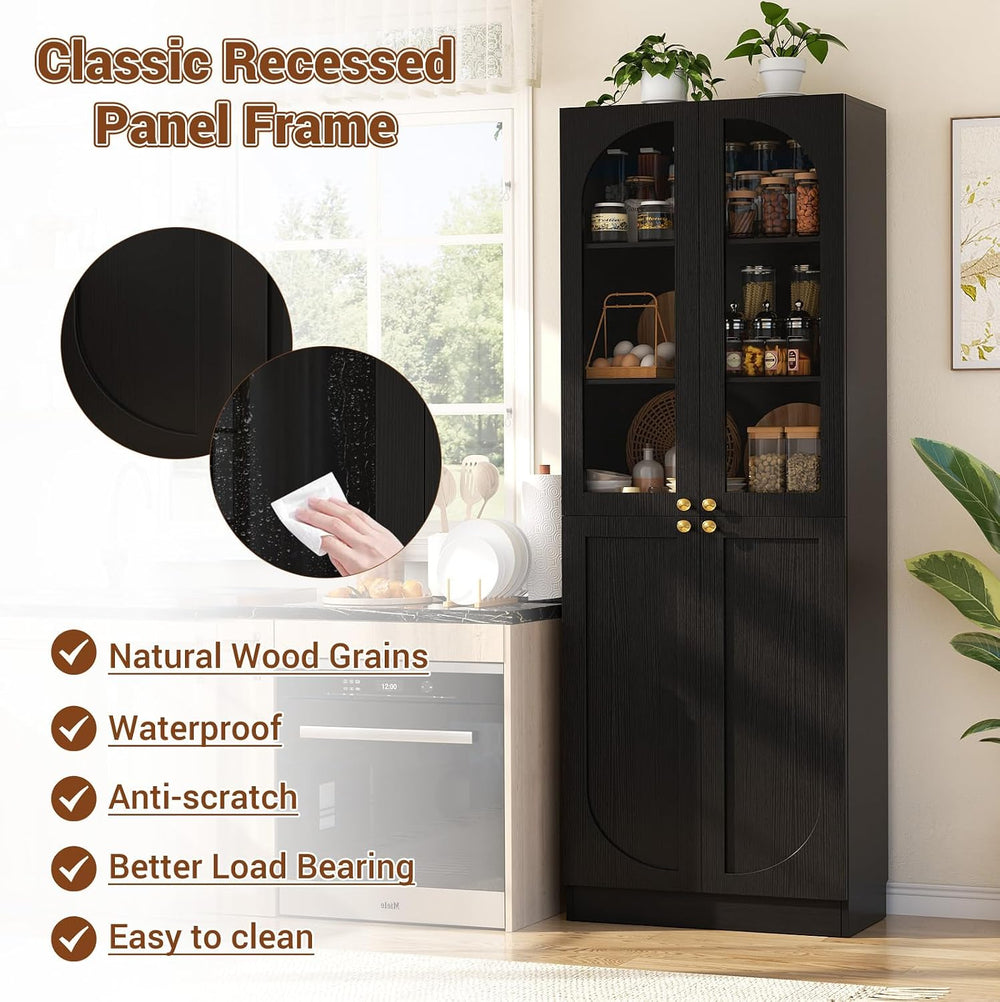 Cyclysio 80" Tall Kitchen Pantry, Wide Arch Storage Cabinets with 4 Glas...
