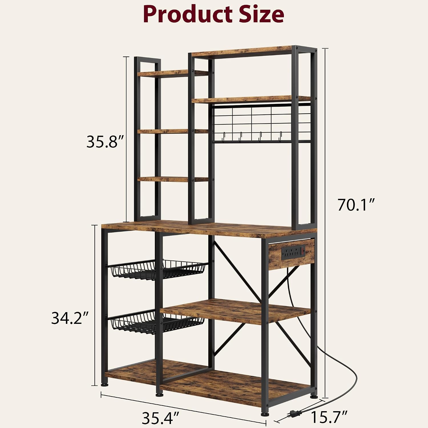 IDEALHOUSE Bakers Rack with Power Outlet, Microwave Stand with 2 Wire Drawer, Industrial Coffee Bar Station, 7-Tier Kitchen Bakers Rack with Large Storage for Spice, Pots Organizer, Rustic Brown
