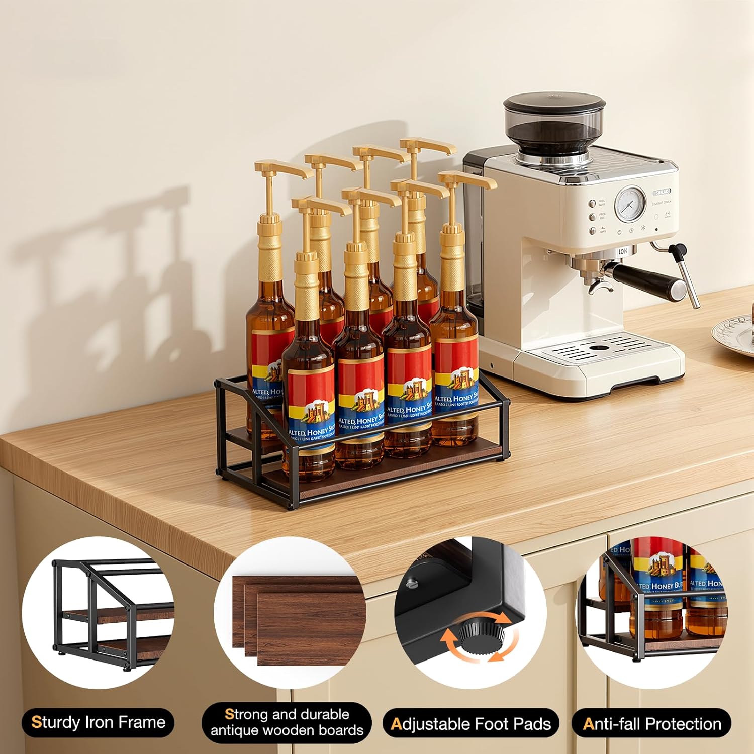 Coffee Syrup Organizer Rack, Liquor Bottle Display Shelf, 2 Tier 8 Syrup Bottles Holder Stand for Coffee Bar Kitchen Small Wine Rack for Family Storage for Syrup Wine Dressing