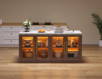 Kitchen Island with Storage, Faux Marble Island Table with RGB LED | Lights & Cabinet for Kitchen, Rolling Island Cart Modern Kitchen Island on Wheels for Dining Room, Home Bar, Walnut