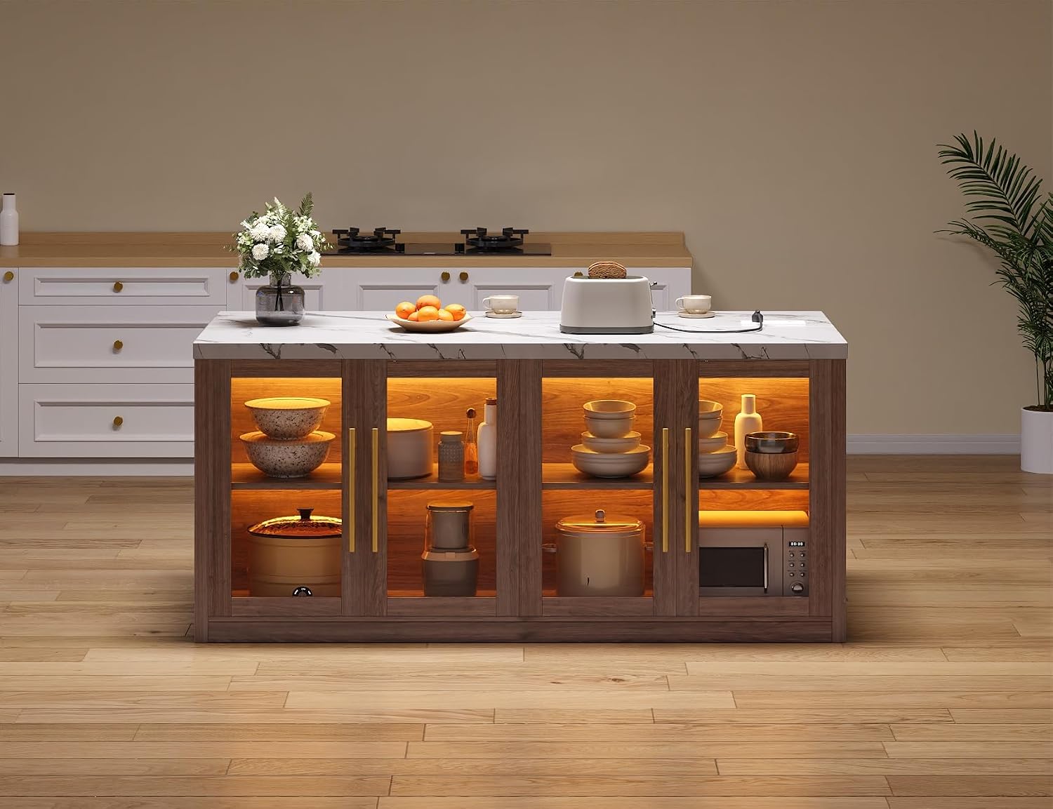 Kitchen Island with Storage, Faux Marble Island Table with RGB LED | Lights & Cabinet for Kitchen, Rolling Island Cart Modern Kitchen Island on Wheels for Dining Room, Home Bar, Walnut