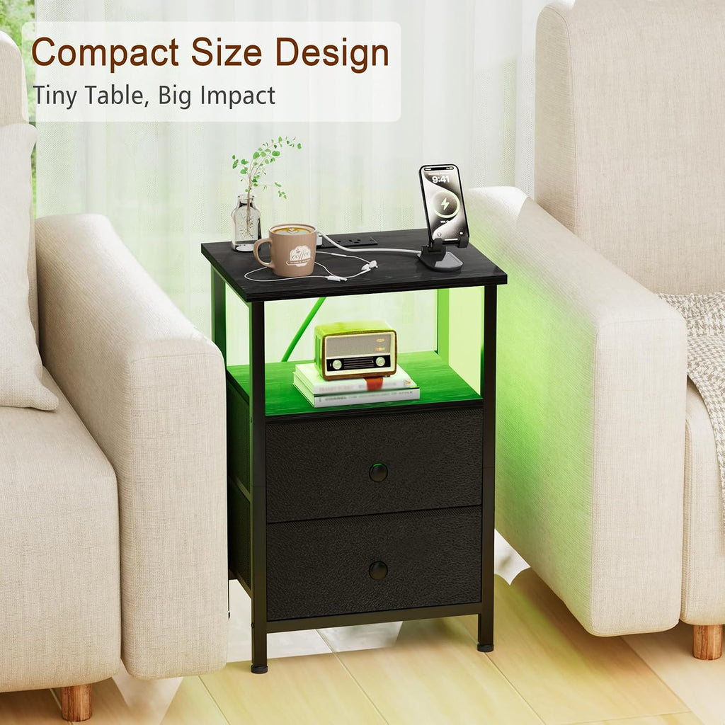 LOAKEKEL Night Stand, LED Black Nightstand with Charging Station | Small Bedside Table with USB Ports & Outlets, Side Table with Type-C and LED Lights, 2 Fabric Storage Drawers for Bedroom