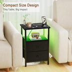 LOAKEKEL Night Stand, LED Black Nightstand with Charging Station | Small Bedside Table with USB Ports & Outlets, Side Table with Type-C and LED Lights, 2 Fabric Storage Drawers for Bedroom