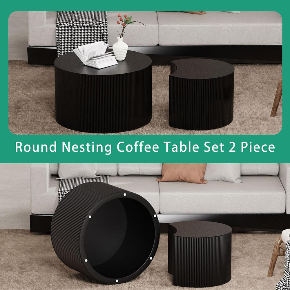 Round Nesting Coffee Table Set 2 Piece (A Black 27.56 in) | Drum Modern Stack...