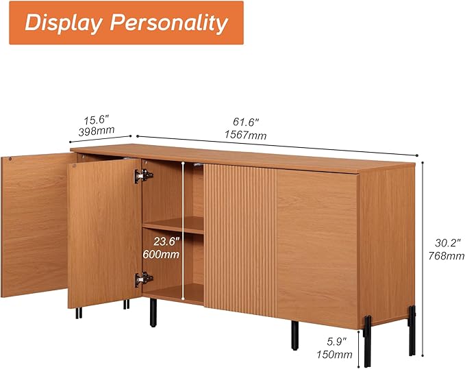 WAMPAT 61.6" TV Stand Cabinets for TVs up to 70 Inches, Entertainment Center with Storage Cabinets and 4 Doors, Mid Century Modern Media TV Console Table for Living Room Bedroom,Mocha