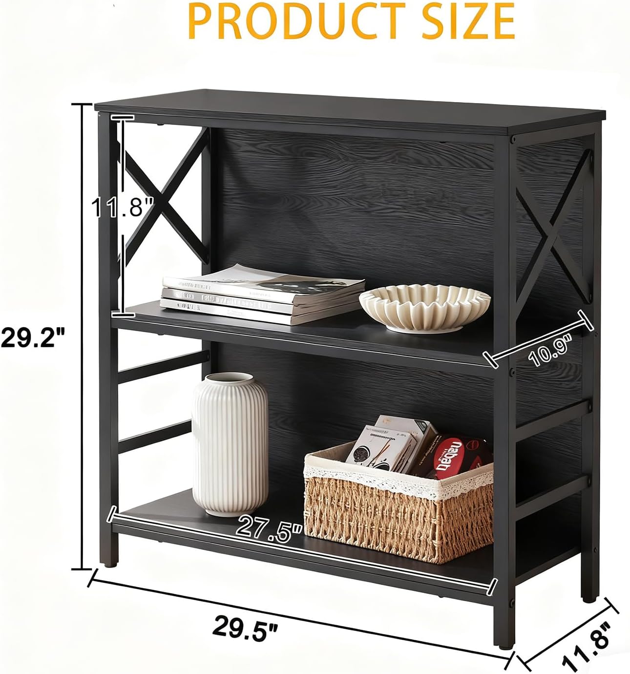 MNEETRUNG Small Bookshelf,3 Tier Industrial Bookcase with Metal Frame and Backboard,Low Black Book Shelf,Book case for Small Spaces,Living Room,Bedroom and Home Office