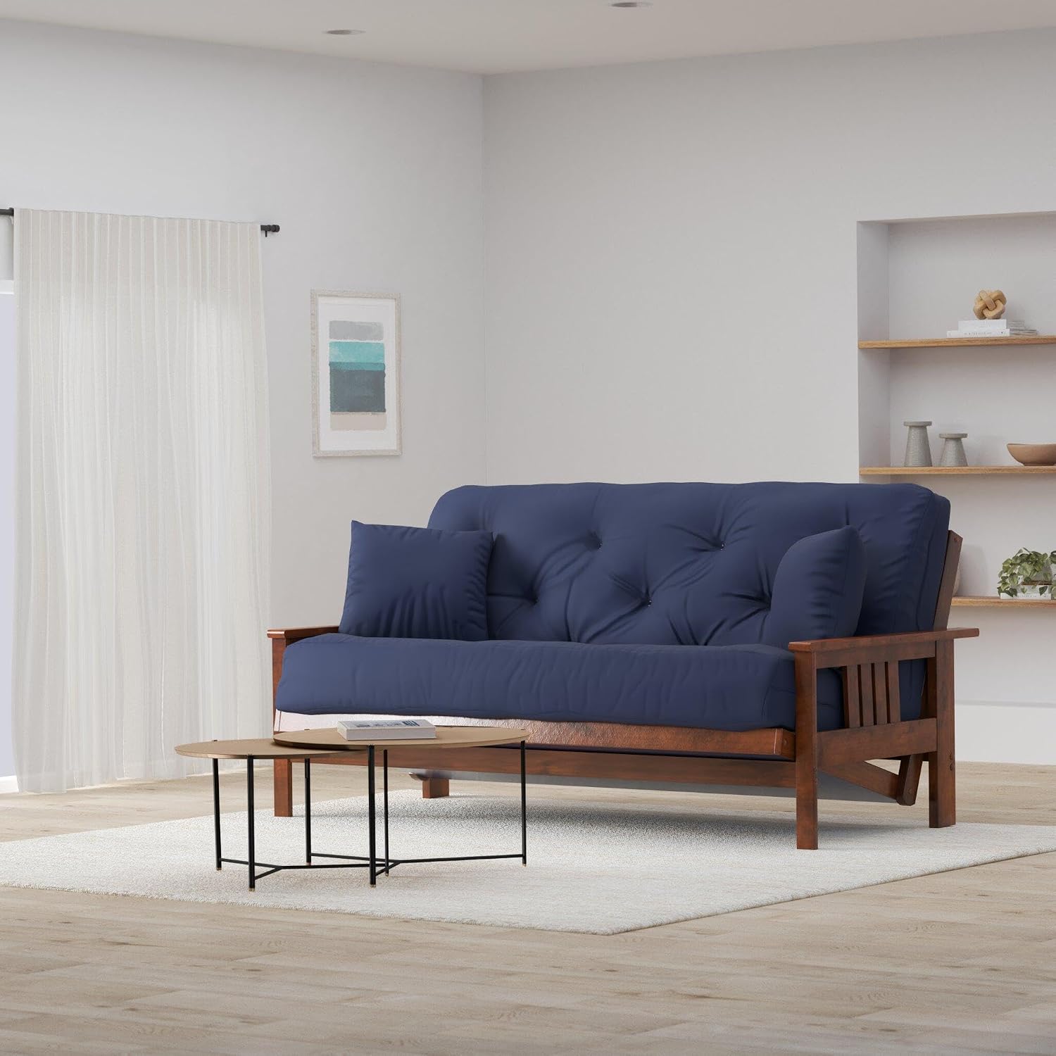Stanford Futon Set - Full Size Futon Frame with Mattress Included (8 Inch Thick Mattress, Twill Navy Blue Color), Heavy Duty Wood, Popular Sofa Bed Choice