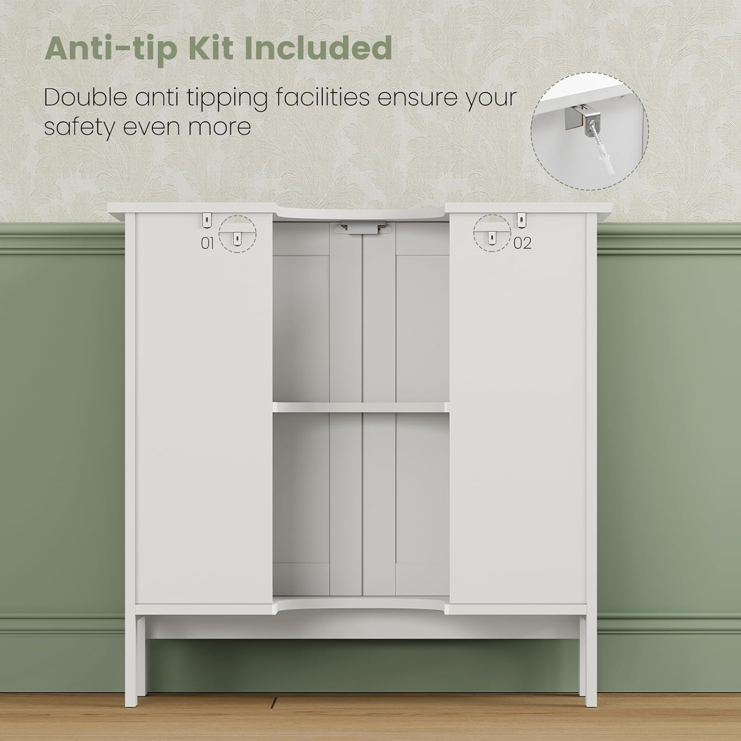Iwell Pedestal Sink Storage Cabinet with 2 Doors and Shelf, Under Sink Cabinet, Bathroom Sink Cabinet with U-Shape, White