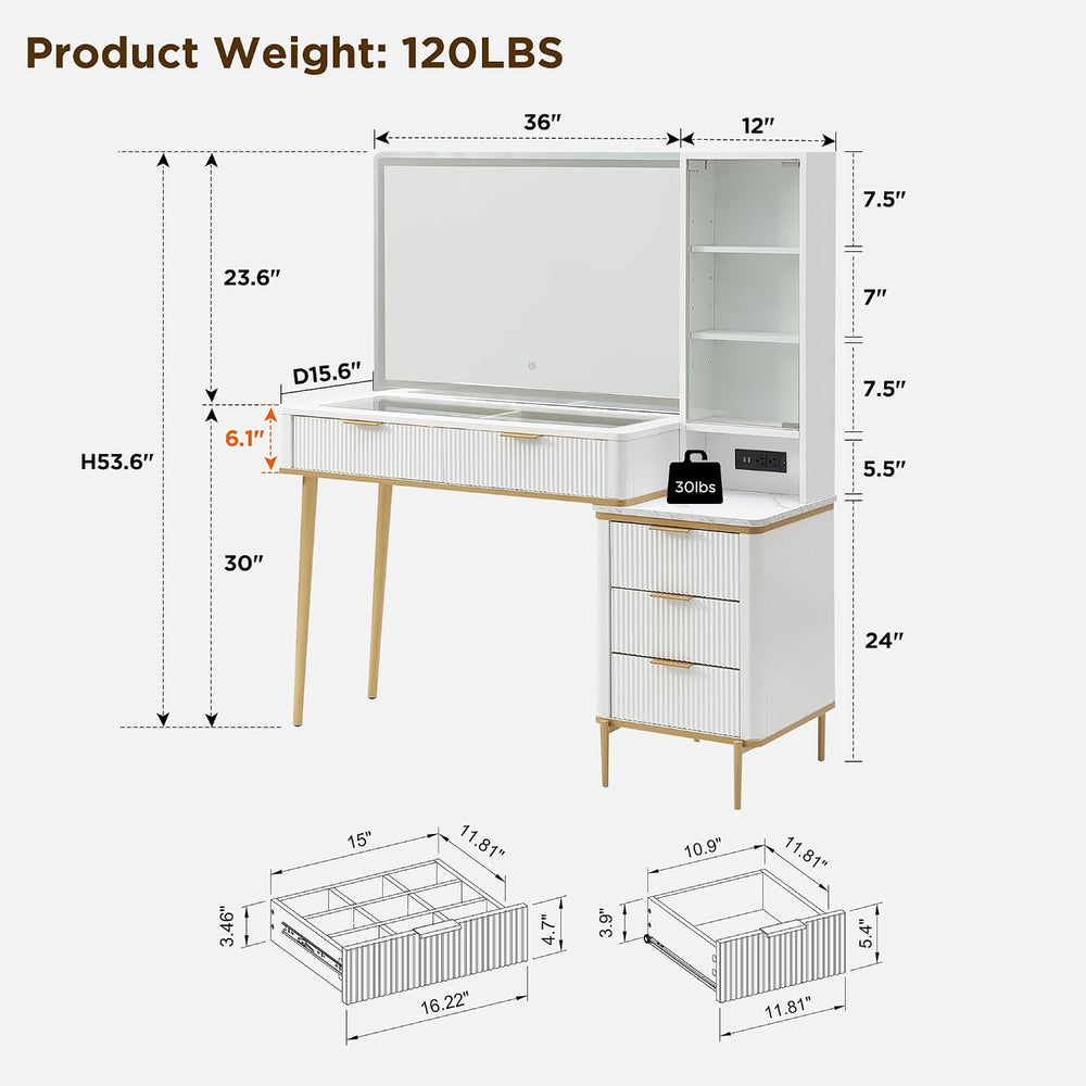 T4TREAM Fluted Makeup Vanity Desk with 36" HD Lighted Mirror, 48" B...