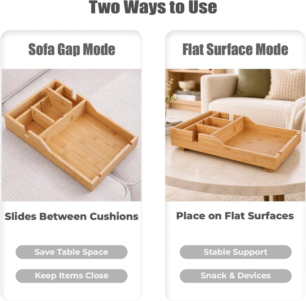 Couch Tray, 2-in-1 Insert & Flat Sofa Organizer Bamboo with Adjustable Cu...