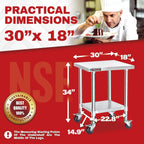 DuraSteel 30x18 NSF Stainless Steel Cart Work Table - Heavy Duty Rolling Food Prep Table - Metal Utility Cart on Wheels Caster, Grill Stand Microwave Outdoor Kitchen Tables Countertop Island Large Top