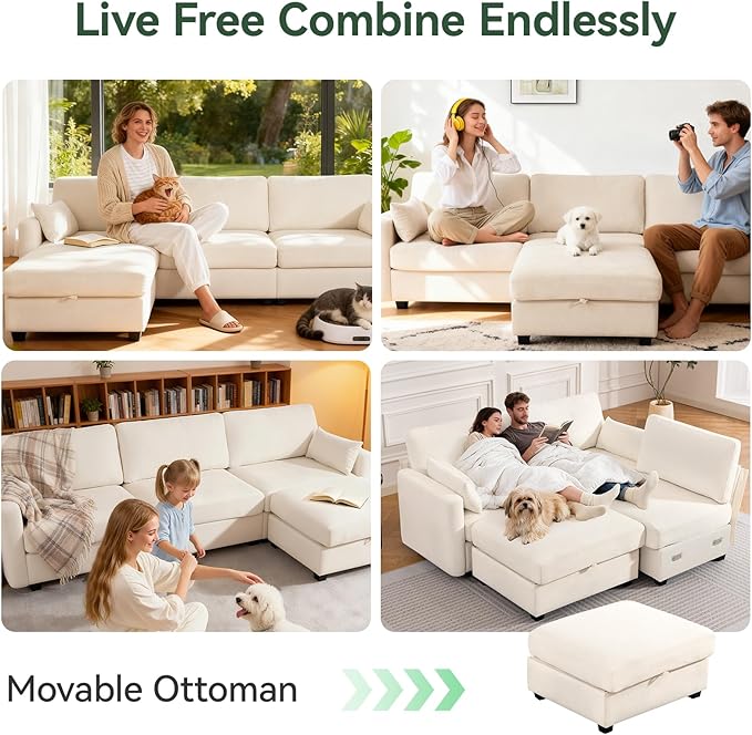 109'' Modular Sectional Sofa, L Shaped Couch with Storage Ottoman, Comfy Cloud Sofa with Deep Seat, 4 Seat Convertible Sectional Couches for Living Room (Beige, Low Legs 1.97")