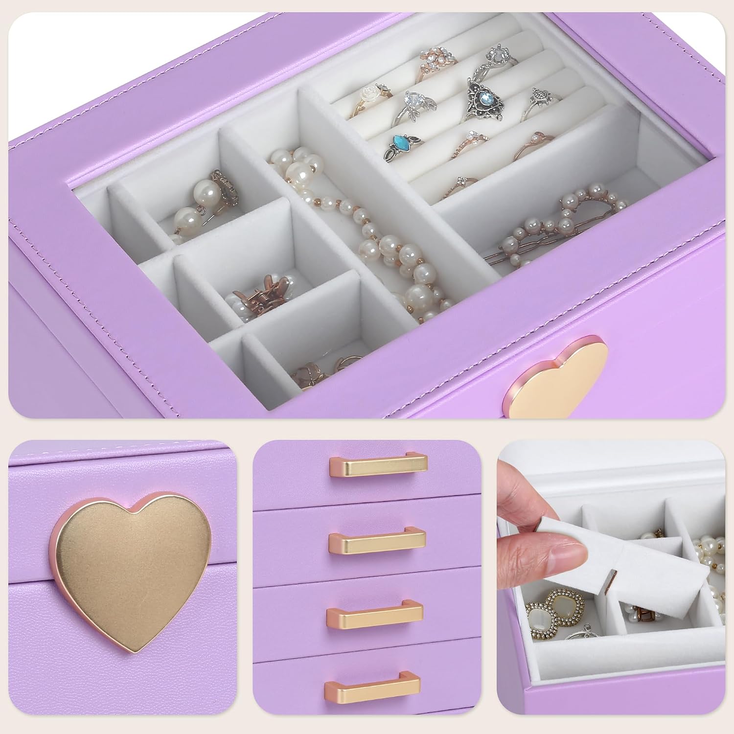 Kendal Jewelry Box, 5-Layer Jewelry Organizer Box with Glass Lid, Purple, Heart Shaped PU Leather, Storage Box for Necklace Earrings Rings Bracelets, Gift Idea for Girls LJC4DRPL