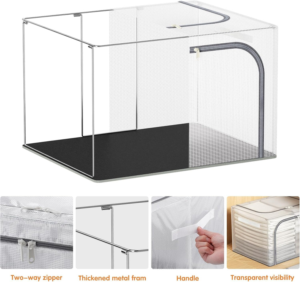 Large size 66L Fully Transparent Openings Clothes Storage Bins with Metal Frame, Stackable & Foldable Storage Box with Lids, Closet Organizers, Cap, Sweater.(19.7x 15.75 x 13 Inches)
