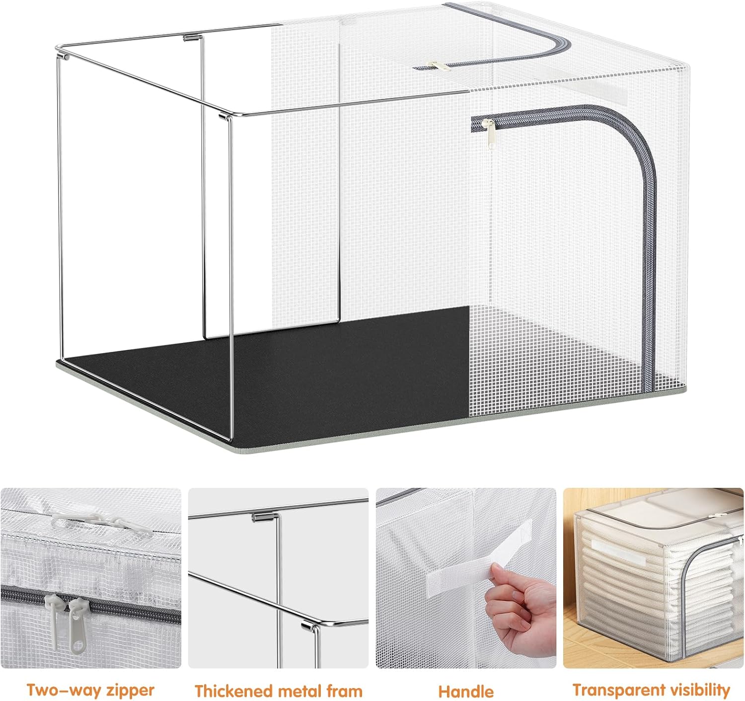 Large size 66L Fully Transparent Openings Clothes Storage Bins with Metal Frame, Stackable & Foldable Storage Box with Lids, Closet Organizers, Cap, Sweater.(19.7x 15.75 x 13 Inches)