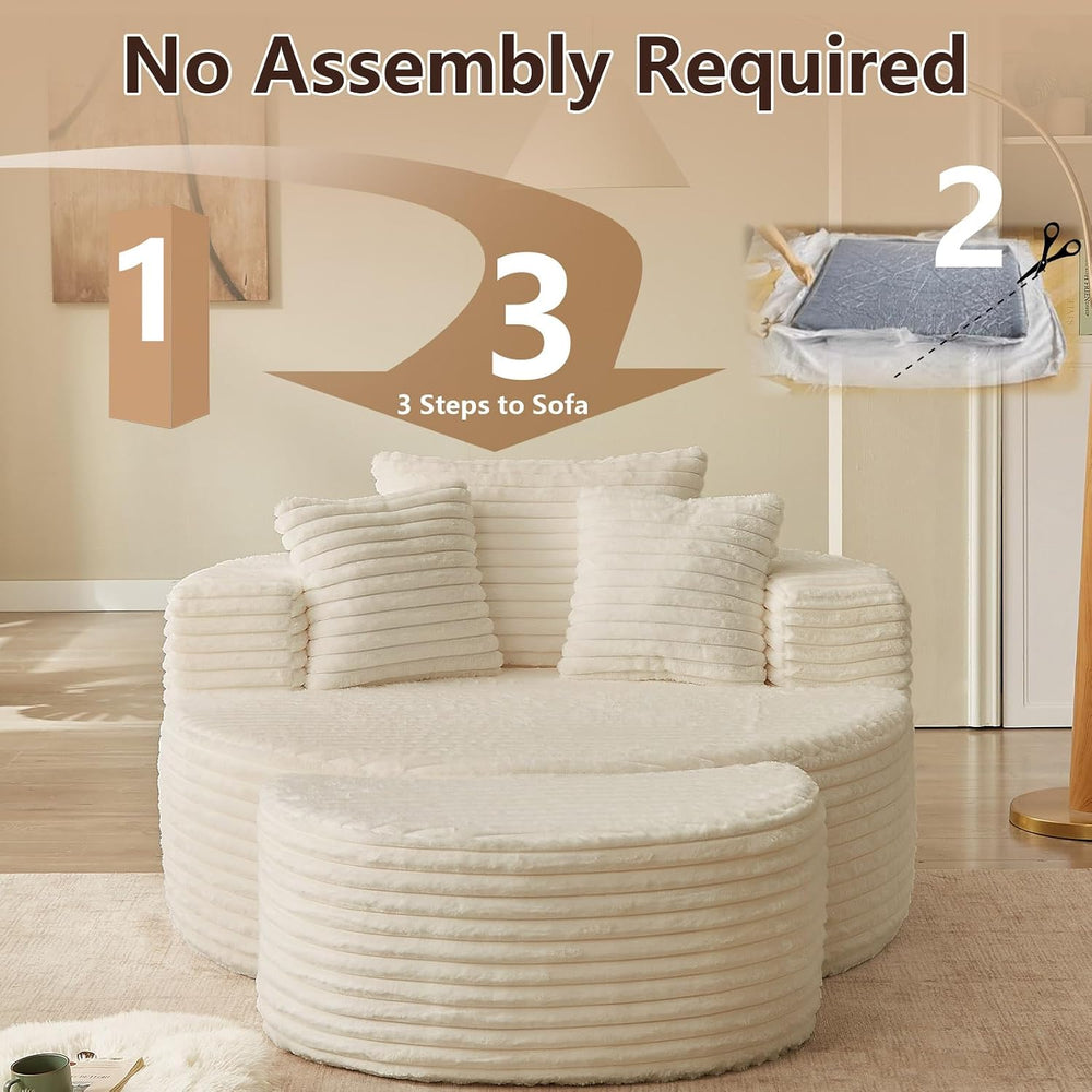 75''L Oversized Round Lounge Chair with Ottoman, Modern Corduroy Acce...