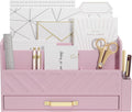 Bamboo Desk Organizer Mail Holder Countertop Wood Desk Drawer Tabletop Storage Box Pen Holder Letter Sorter Makeup Organizer for School Home Office Supplies with Pen Holder Pink