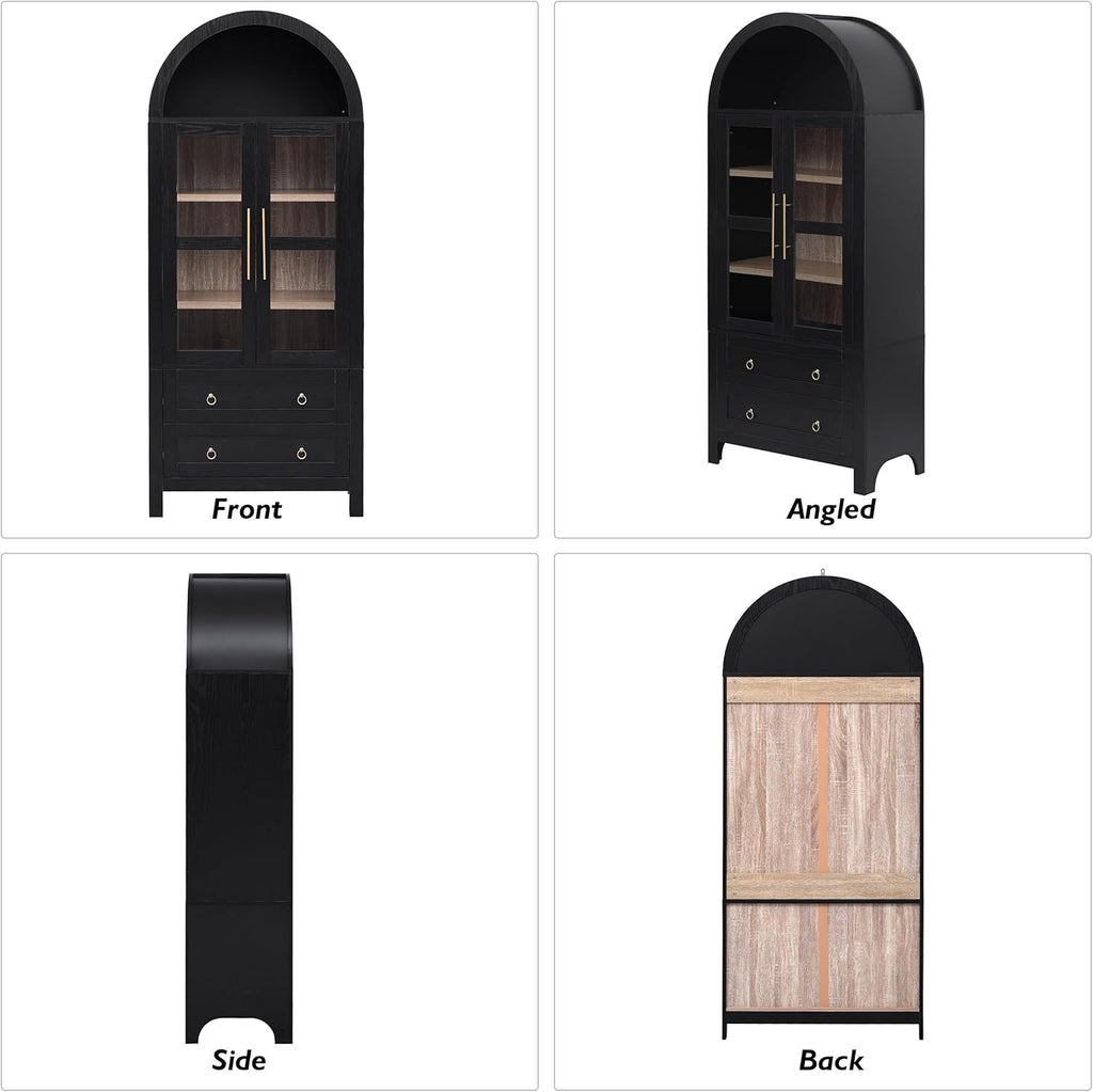 71" Tall Arched Kitchen Pantry Cabinet with 2 Large Drawers,Farmhouse Kitchen Storage Cabinets with Adjustable Shelves,Glass Door,Wood Versatile Cupboard for Kitchens,Dining Room,Bathroom (Black--@QW)