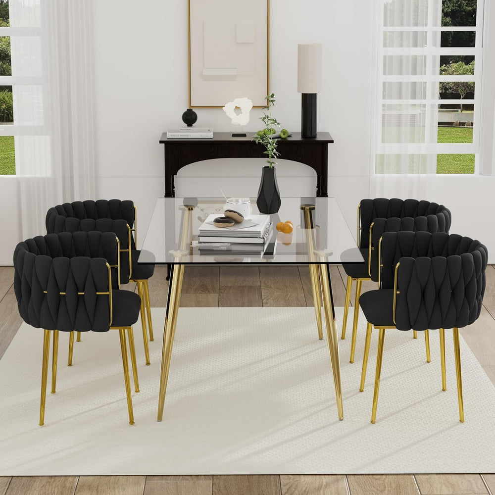 Modern Gold Glass Dining Table Set for 4, 51'' Clear Glass Top Rectan...