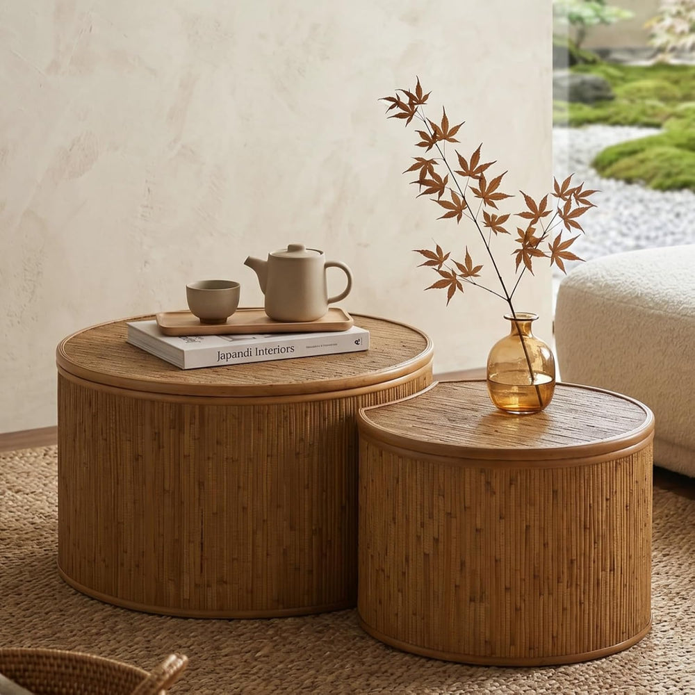 43.89'' Round Rattan Nesting Coffee Table with Flip-Top Storage Set o...
