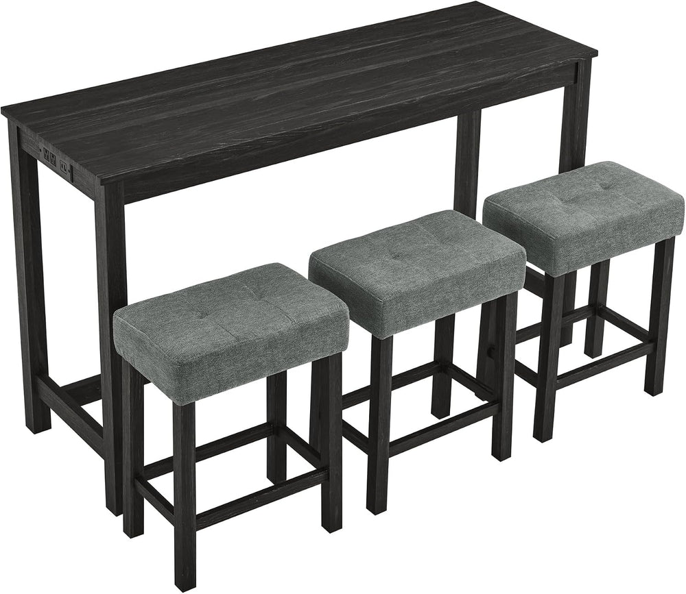 59" Bar Table Set with Power Outlet & 3 Upholstered Stools – 4-Piece...