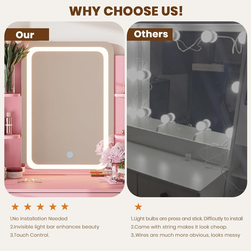 Small Vanity Desk with Mirror and lights,Pink Makeup Vanity for Girls Kid | C...