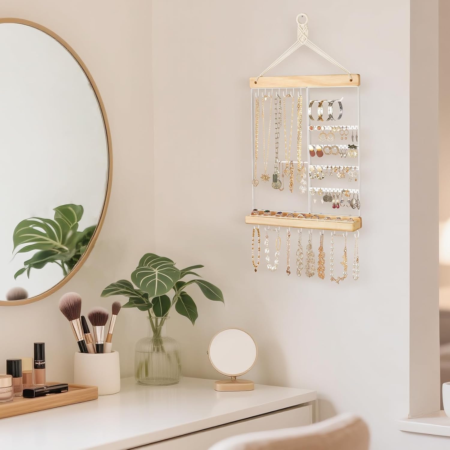 Mkono Hanging Jewelry Organizer Wall Mounted Earring Holder Metal Necklace Holder Wood Shelf with 55 Holes and 7 Hooks Display Rack For Storage Bracelet Rings Ear Studs Accessories Women Bedroom Decor