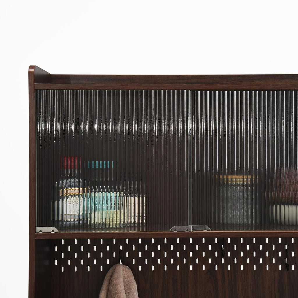 71" Freestanding Kitchen Pantry, Large Dish Storage Cabinet with Fluted Glass Doors and Microwave Stand for Kitchen, Dining and Living Room Walnut