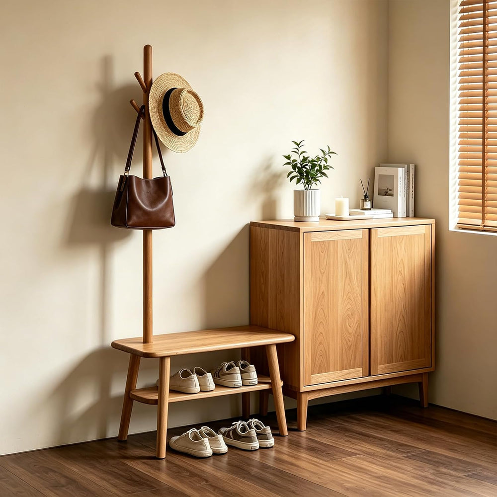 Solid Oak Coat Rack with Bench, 2-in-1 Shoe Bench and Coat Rack, Narrow Woode...