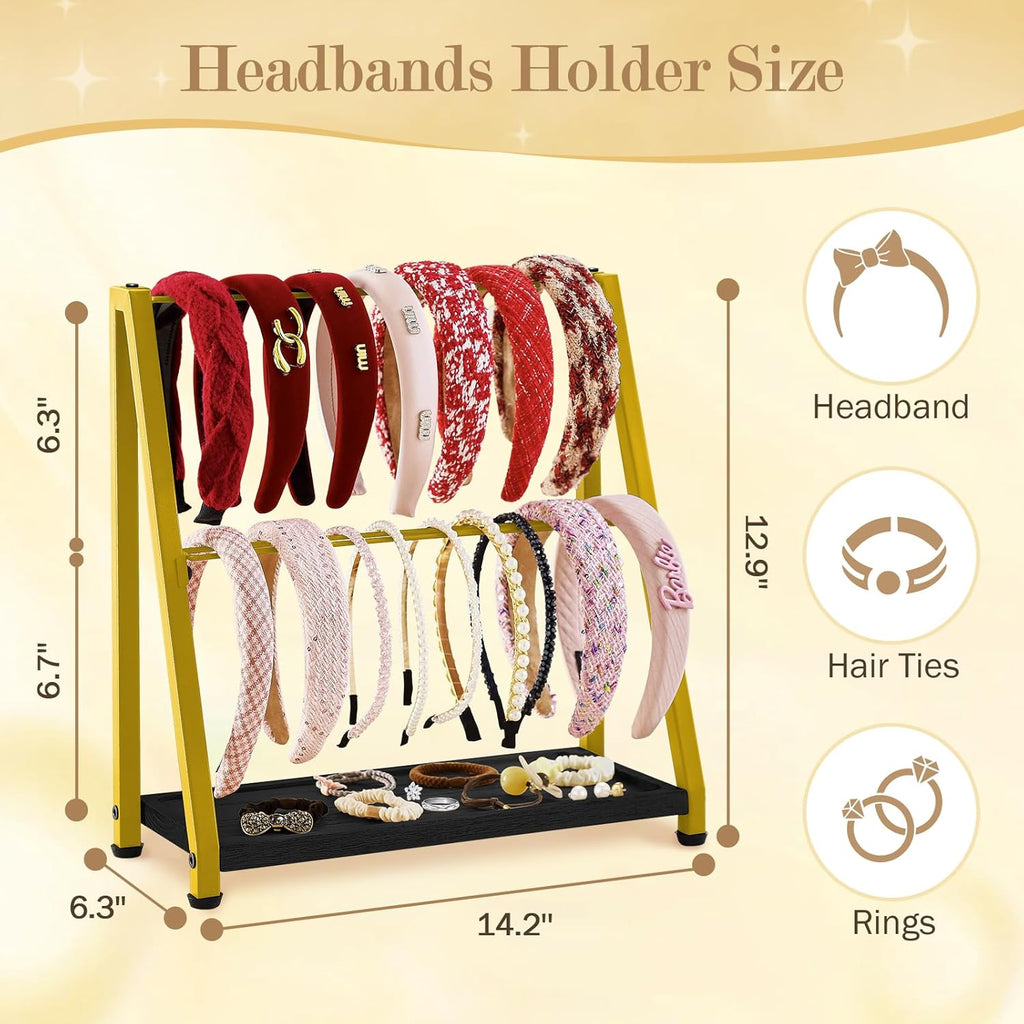 Headband Holder Organizer Metal 2-Tier Display Stand for Selling, Home Bedroom Headband Storage for Girls Women, Headband Stand Wood Base Can Store Hair Ties