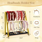Headband Holder Organizer Metal 2-Tier Display Stand for Selling, Home Bedroom Headband Storage for Girls Women, Headband Stand Wood Base Can Store Hair Ties